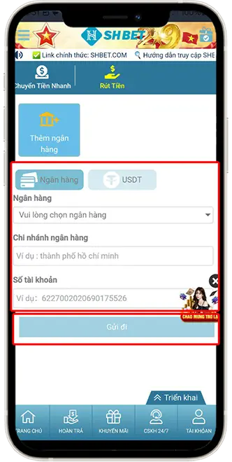 Bước 2: Nhập chính xác THÔNG TIN NGÂN HÀNG muốn LIÊN KẾT, sau đó ấn GỬI ĐI